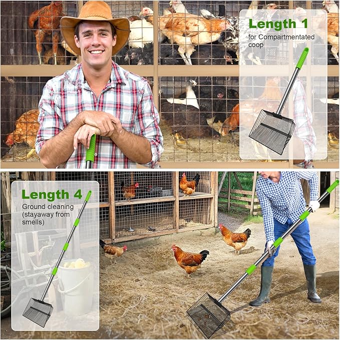 12inch Large Chicken Poop Scooper,2 Widths of Slots Litter Sifting Shovel (23 to 66"),Chicken Coop Litter Scoop with Stainless Steel Handle, 4 in 1 Multifunctional Heavy Duty Chicken Coop Accessories