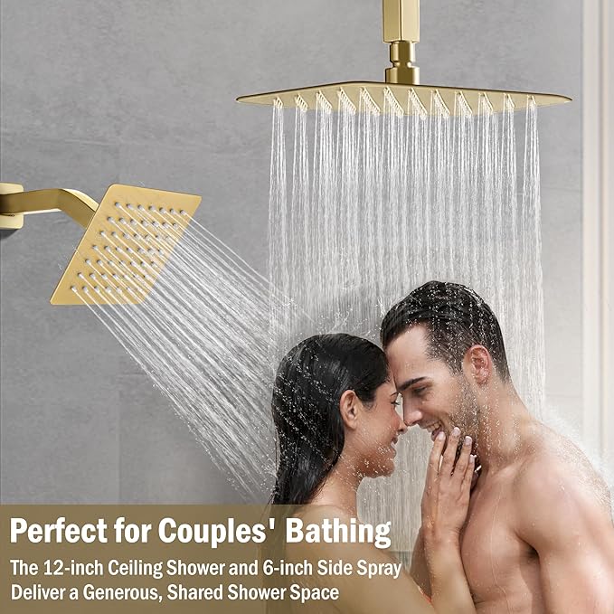 12 Inch Rain Shower System, Brushed Gold Shower Faucet Set with Push Button Diverter, 6 Inch Wall Mounted 3-Functions Bathroom Shower Systems with Dual-Function Handheld