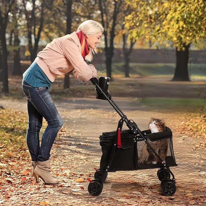Foldable Pet Stroller for Small/Medium Pets up to 22 lbs - Lightweight 4-Wheel Design with Sun Canopy, Storage Bag & Breathable Mesh