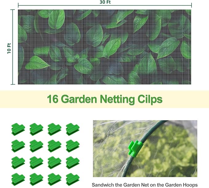 Garden Netting Mesh, 10X30 FT Garden Netting with 16 Cilps & Ultra Fine Mesh Net Bird Barrier Protection for Garden Vegetables Flowers Shrubs Fruit Trees Indoors & Outdoors Plant Beds Greenhouse