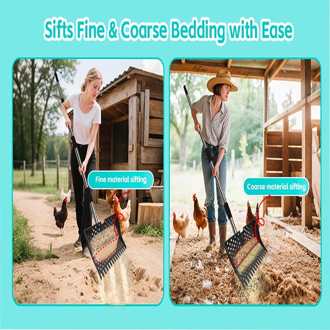 12-Inch 2-in-1 Chicken Poop Scooper & Rake – US Patent Pending – 3-Shape Sifting Holes Chicken Coop Rake,Stainless Steel Handle (20–61")– Litter Scoop Sand & Sifting Shovel for Chicken Coops (Black)