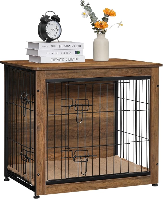 DWANTON Dog Crate Furniture with Cushion, Wooden Kennel Table with Double Doors, Indoor Dog House, Small/Medium/Large Size, 27.2" L, Warm Brown
