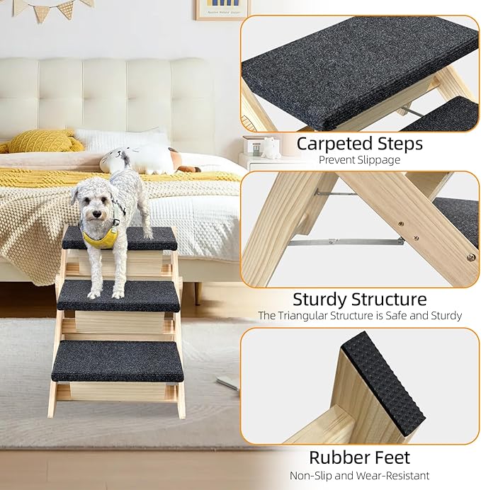 Dog Stairs/Ramp for Bed, Wooden Convertible Pet Steps, Portable Dog Ladder Up to 180 Pound for Elderly/Short-Legged Dogs, 3 Steps for Beds, Couch, Cars