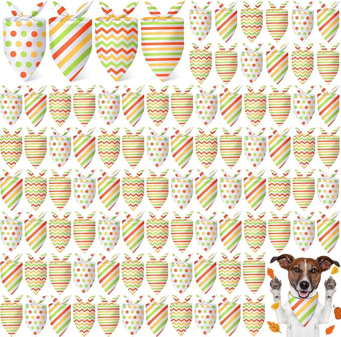 100 Pieces Fall Dog Bandanas Bulk Colorful Autumn Bandanas for Dogs with Polka Dot Stripe Wave Patterns for Pets Doggies Fall Autumn Thanksgiving Party Costume Accessories