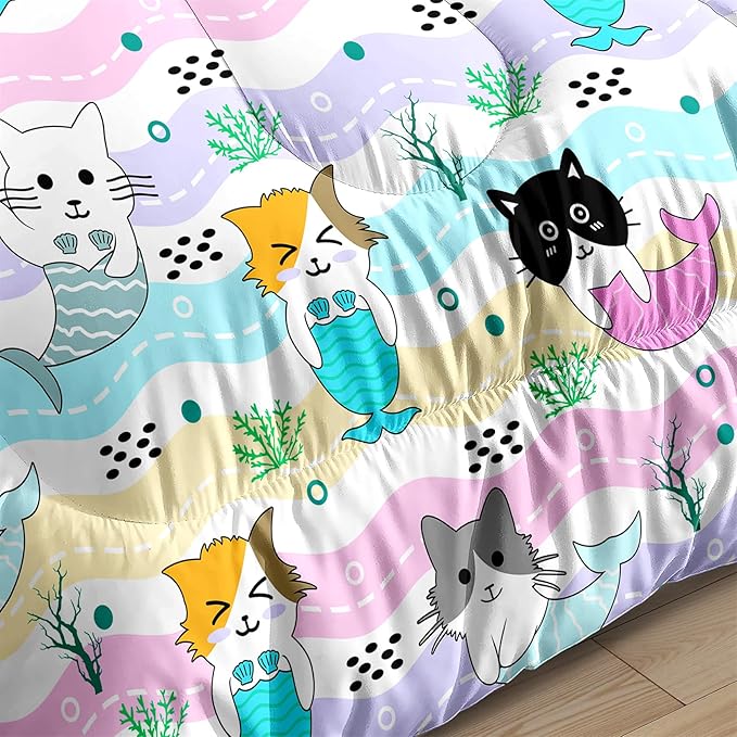 Cat Twin Bedding Set 2Pcs - Cartoon Mermaid Tail Cat Twin Comforter Set for Girls Bedroom Ultra Soft Warm Kitty Comforter Set for Girls Room Decor with 1 Cat Comforter and 1 Pillowcase, Twin Size
