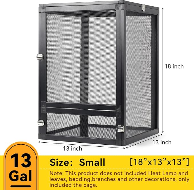 13 Gallon 360° Panoramic Foldable Reptile Terrarium Kit: Crested Gecko Tank and Reptile Cage for Superior Ventilation, Easy Feeding, Sturdiness, and Simple Assembly (Black, 18"x13"x13")