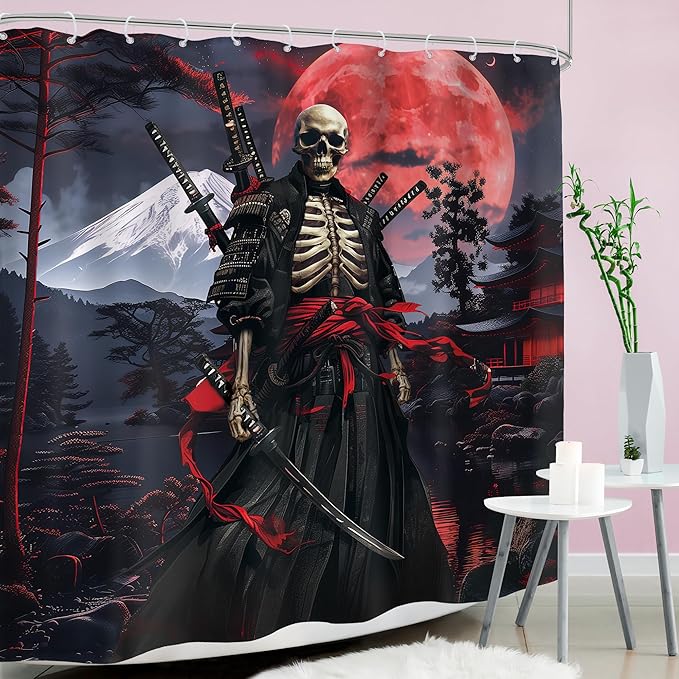 Japanese Anime Shower Curtain 72Wx72H Asian Samurai Gothic Skull Skeleton Black Red Spooky Cool Bathroom Decor Vintage Mountain Sun Nature Landscape Bath Curtain Fabric Polyester 12 Pack Hooks