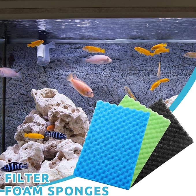 9 Pcs Fish Pond Foam Aquarium Filter Sponge Wave Shape Coarse Foam for Fish Tank Sump Pond 17 x 11 Inch x 1/2 to 1 Inch, Black, Green, Blue