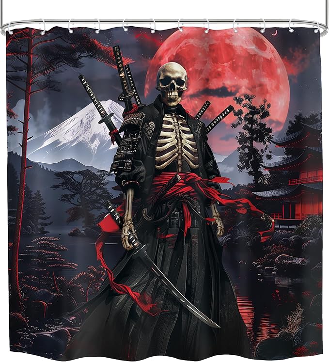 Japanese Anime Shower Curtain 72Wx72H Asian Samurai Gothic Skull Skeleton Black Red Spooky Cool Bathroom Decor Vintage Mountain Sun Nature Landscape Bath Curtain Fabric Polyester 12 Pack Hooks