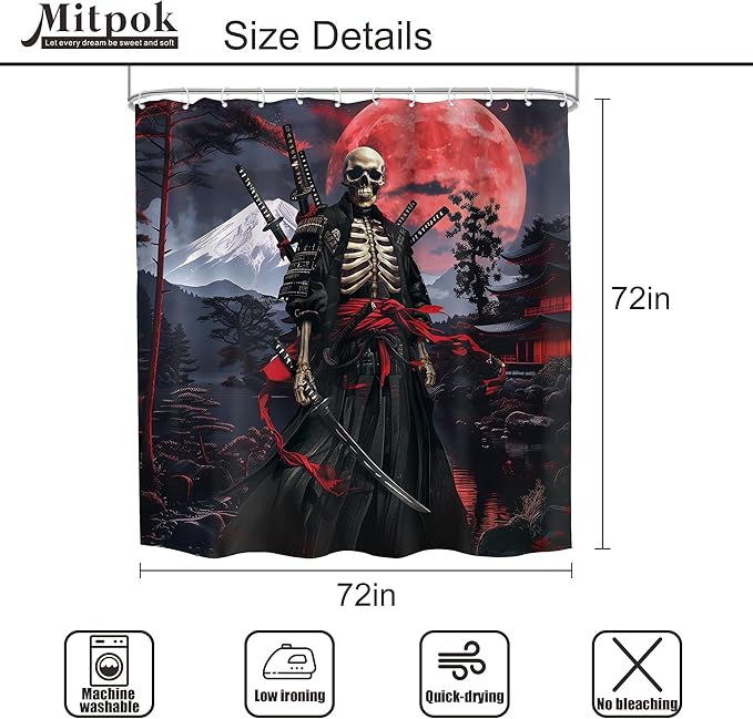 Japanese Anime Shower Curtain 72Wx72H Asian Samurai Gothic Skull Skeleton Black Red Spooky Cool Bathroom Decor Vintage Mountain Sun Nature Landscape Bath Curtain Fabric Polyester 12 Pack Hooks