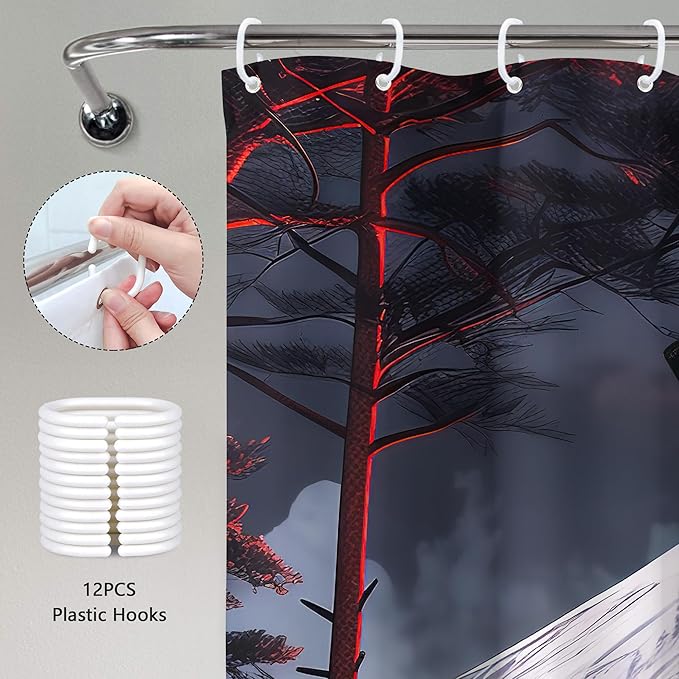 Japanese Anime Shower Curtain 72Wx72H Asian Samurai Gothic Skull Skeleton Black Red Spooky Cool Bathroom Decor Vintage Mountain Sun Nature Landscape Bath Curtain Fabric Polyester 12 Pack Hooks