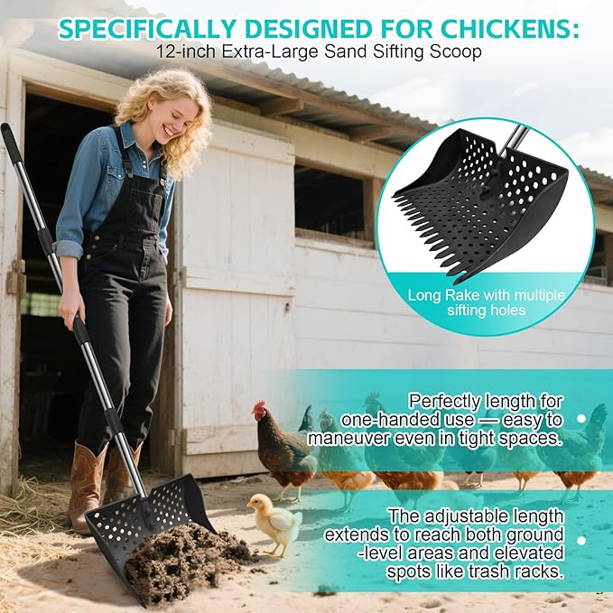 12-Inch 2-in-1 Chicken Poop Scooper & Rake – US Patent Pending – 3-Shape Sifting Holes Chicken Coop Rake,Stainless Steel Handle (20–61")– Litter Scoop Sand & Sifting Shovel for Chicken Coops (Black)