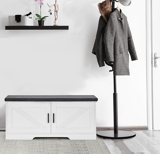2-Tier Storage Bench, Shoe Bench with Padded Seat Cushion, Entryway Bench with 2 Barn Doors, Adjustable Shelf, 13.8" D x 39.4" W x 17.7" H, for Entryway, Living Room, Bedroom, White