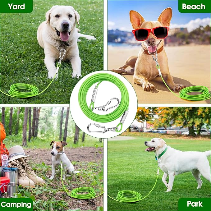 Dog Tie Out Cable for Outside,50FT Heavy Duty Dog Leash&Chains with Swivel Hook,Small-Large Dogs Runner Cable for Dogs Up to 250lbs, Long Lead Line for Yard Outdoor and Camping (250lbs 50FT, Green)