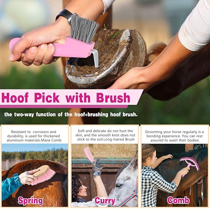 Abbylike 12 Pieces Horse Grooming Kit with Organizer Tote Bag Tack Room Supplies Horse Brush Sets Equine Care Cleaning Kit Shedding Grooming Massaging Tools(Pink and Grey)