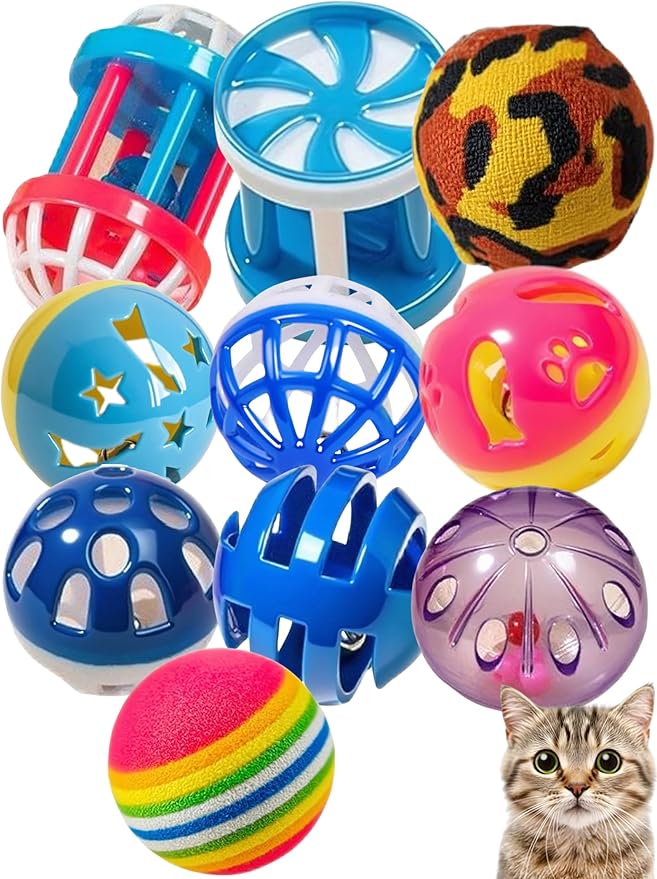 10-Pack Cat Toy Balls with Bells for Kittens and Cats (1.5'' - 2.2'', Cat Toys Mega Set)