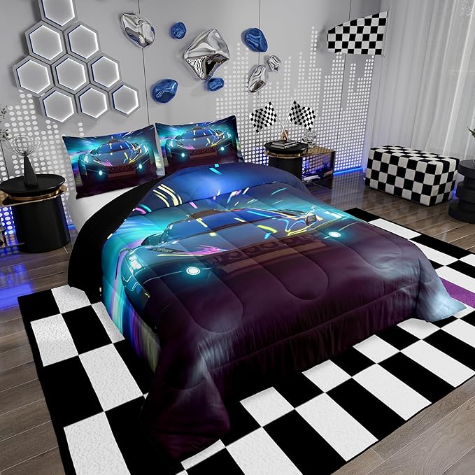 Erosebridal Race Car Bedding Set Queen Size Boys Extreme Sports Comforter Set for Kids Young Man Cool Car Comforter Car Sports Theme Quilt Set for All Season 1 Comforter Set with 2 Pillowcases