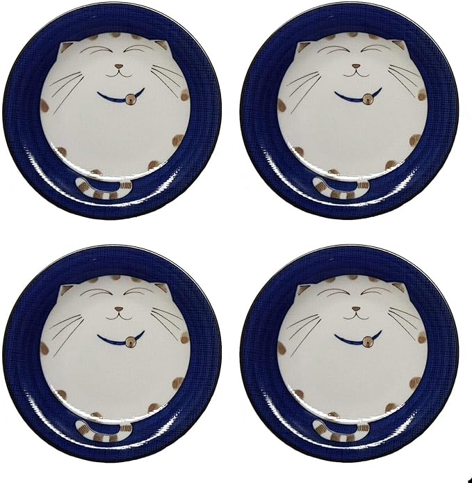 JapanBargain 2560, Set of 4 Japanese Round Porcelain Appetizer Plates for Dessert Cake Snack Maneki Neko Smiling Lucky Cat Pattern for Cat Lovers Cat Dinner Plate, Made in Japan, 6.5-inch, Blue
