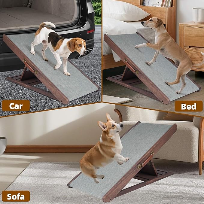 Folding Dog Ramp for Bed, Couch, Car, SUV & RV - Adjustable 4 Heights (12.2"-19.2"), 35.4" Long Wooden Pet Ramp with Non-Slip Mat & Safety Rails - Supports Pets up to 200 lbs
