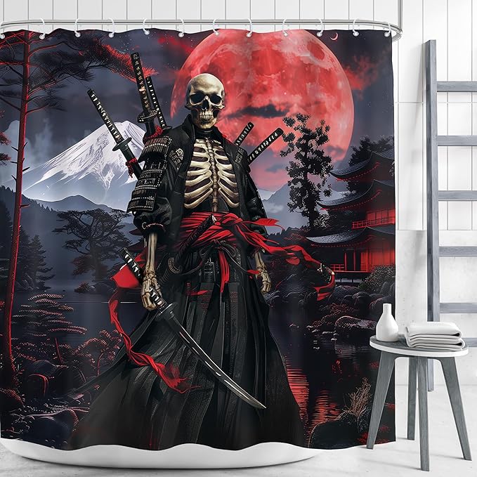 Japanese Anime Shower Curtain 72Wx72H Asian Samurai Gothic Skull Skeleton Black Red Spooky Cool Bathroom Decor Vintage Mountain Sun Nature Landscape Bath Curtain Fabric Polyester 12 Pack Hooks