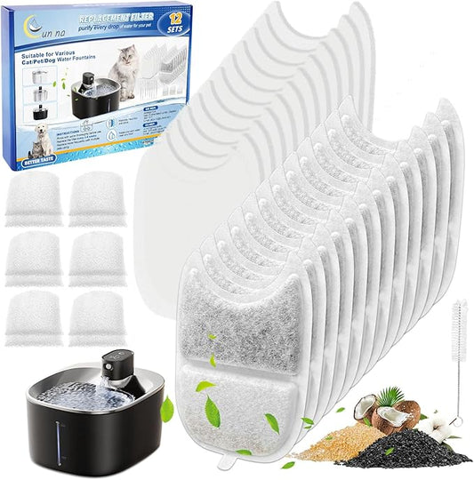 12 Set Cat Water Fountain Filter Replacements & Sponges for 135 fl oz/4L Pet Fountain Drink Machine Dog Water Fountain, YPD-C004P YPD-C004S Water for Cats Drinking Fountain Pump Replacement