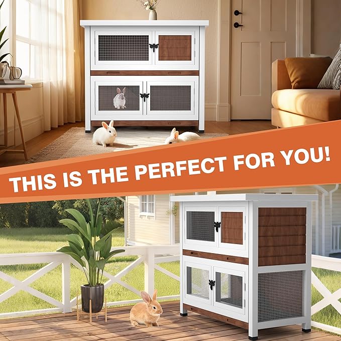2 Story Rabbit Hutch, Indoor Outdoor Bunny Hutch Solid Wood Rabbit Cage with Removable Trays, Waterproof Asphalt Roofs and Ventilation Door, Small Animal House for Rabbit Guinea Pig Ferret, Walnut