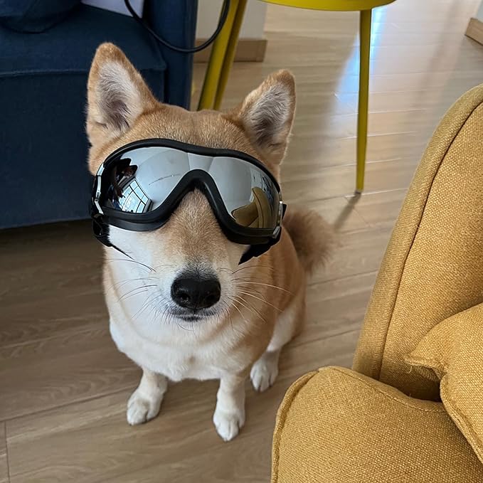 Dog Sunglasses for Large and Medium Breed, Dog Goggles for Large Dogs, Sun Protection, Windproof, Waterproof, Dustproof and Anti-Fog with Adjustable Strap for Driving, Motorcycle, Black