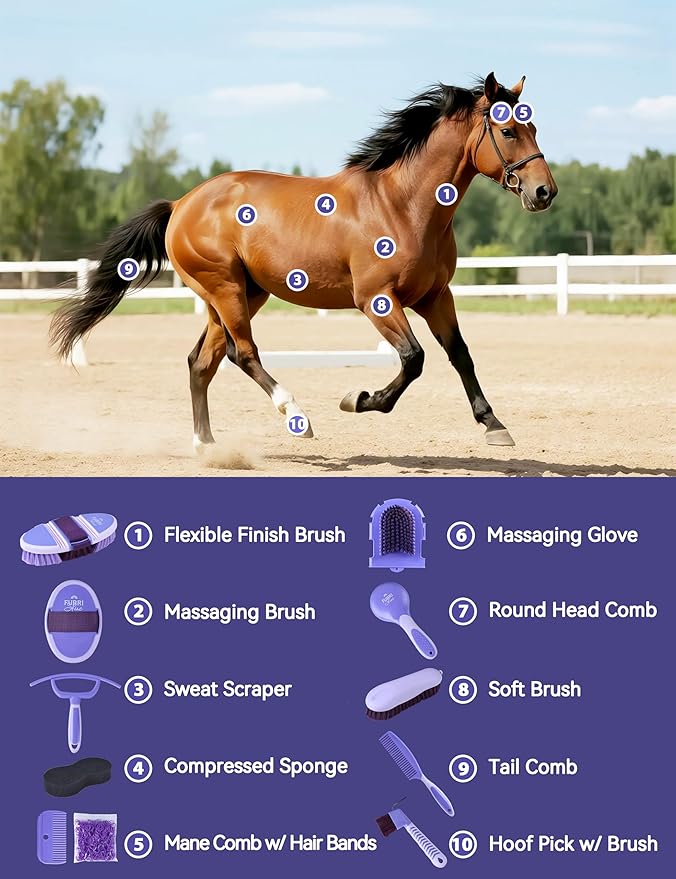 11PCS Horse Grooming Kit Curry Comb Sweat Scraper Horse Bathing Supplies Grooming Tools with Storage Bag Sugar Taro