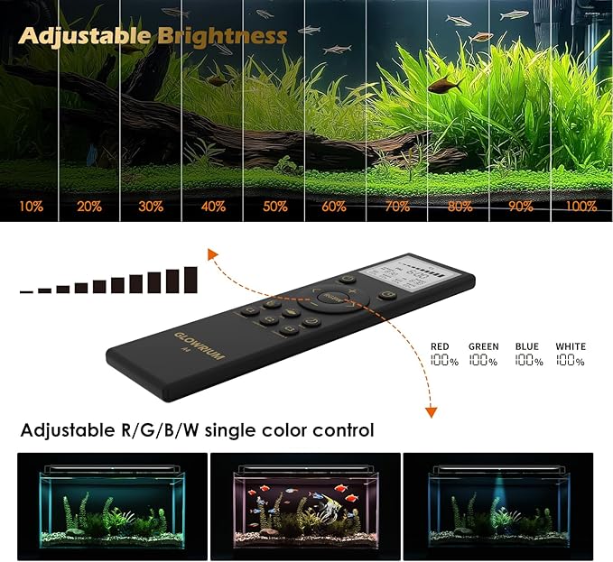 GLOWRIUM LED Aquarium Light with Remote, Full Spectrum Fish Tank Light with Auto Timer, IP67 Waterproof Freshwater Planted Tank Light, Dimmable RGB+W+Moon LEDs with High Performance (23W 30-35inch)