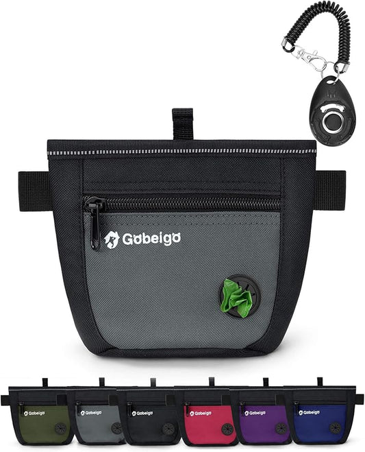 Gobeigo Dog Treat Pouch and Training Clicker, Upgrade Two Magnetic Closure to Prevent Spills, 2 Cup Treat Bag with Poop Bag Dispenser, Metal Clip Waist Belt Fanny Pack for Pet Walking (Black/Gray)
