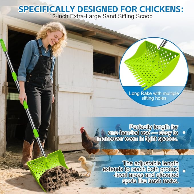 12-Inch 2-in-1 Chicken Poop Scooper & Rake – US Patent Pending – 3-Shape Sifting Holes Chicken Coop Rake,Stainless Steel Handle (20–61")– Litter Scoop Sand & Sifting Shovel for Chicken Coops(Green)