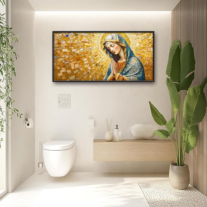 Extra Large Virgin Mary Framed Wall Art for Living Room,Oversized Golden Christian Religious Pictures Wall Decor,Canvas Print Painting Modern Artwork Bedroom Office Bathroom 60L" x 30W"