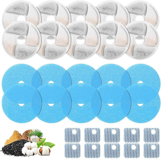 10 Set Cat Water Fountain Filter Replacement for Square 2.2L/73oz Stainless Steel Cat Fountain, ZEKIRY Pet Fountain Filter, Triple Filtration Replacement Filters(10 Filter, 10 Sponge, 10 8D Sponge)
