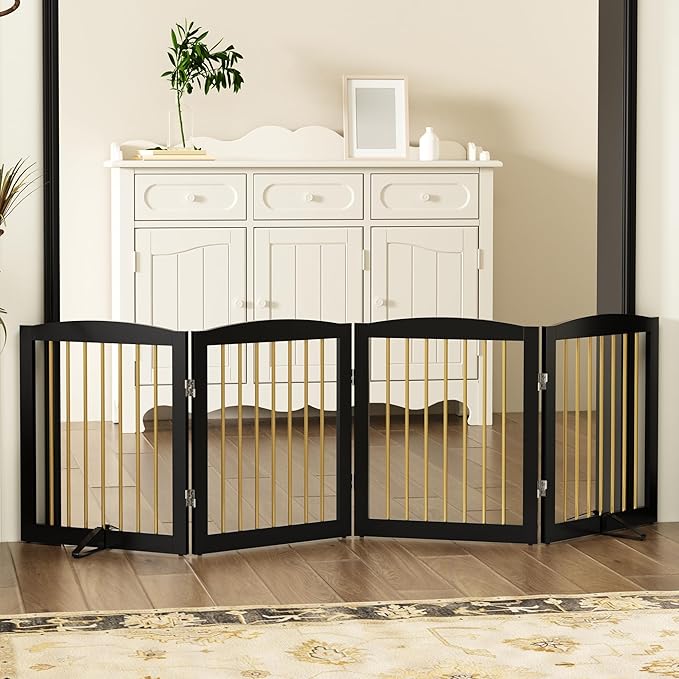 Freestanding Pet Gate for Dogs, Foldable Wooden Dog Gate for House, Indoor Dog Gate for Stairs, Doorways, Step Over Pet Puppy Safety Fence, 80 Inch Wide, 4 Panels 24", Black & Gold