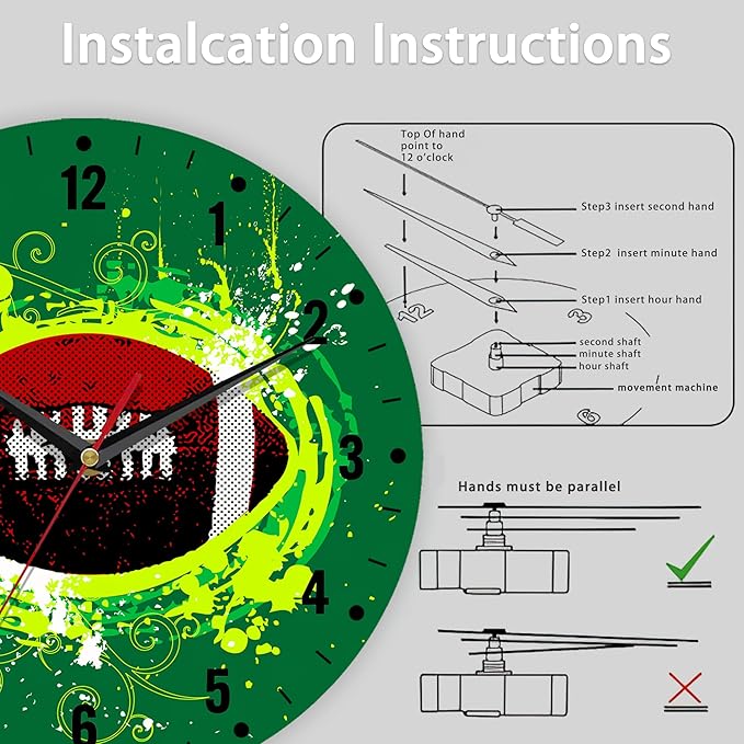 SPUNKER Wall Clocks,American Football Wall Clocks,USA Sport Ball Battery Operated Wall Clock Silent Non-Ticking Decorative for Home Kitchen Bathroom Living Room Bedroom Office 10 Inch
