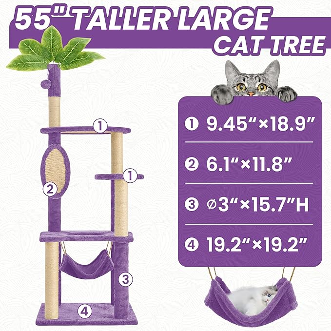 55 Inch Large Cat Tree Tower for Indoor Cats with Hammock Green Leaves Sisal Scratching Post, Plush Hang Ball Play Furniture for Kittens & Adult Cats, New Purple