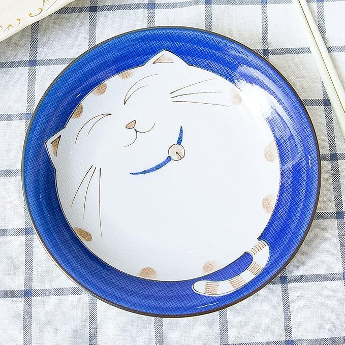 JapanBargain 2560, Set of 4 Japanese Round Porcelain Appetizer Plates for Dessert Cake Snack Maneki Neko Smiling Lucky Cat Pattern for Cat Lovers Cat Dinner Plate, Made in Japan, 6.5-inch, Blue