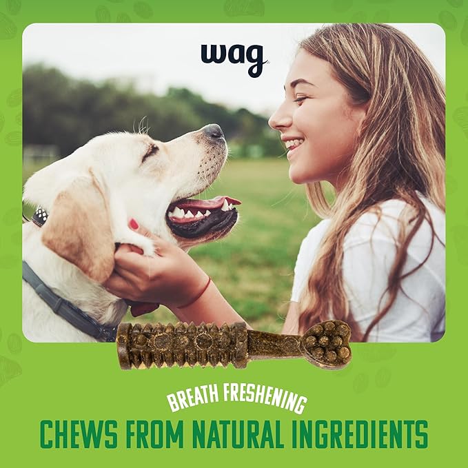 Amazon Brand - Wag Dental Chews - Green Dental Brush for Dogs, Large, Unflavored, 24 Count (Pack of 1)