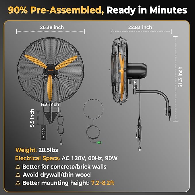 24 Inch Oscillating Misting Wall Mount Fan, Extra Long 3.9ft Wired Remote and 9.8ft Power Cord, IP44 Industrial Commercial Wall Mounted Fan for Greenhouse, Garage, Workshop, Covered Patio