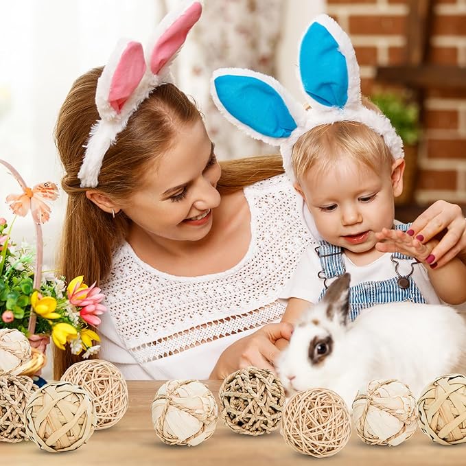 8 Pack Small Pet Chew Toys - 7cm Natural Woven Balls for Rabbits, Guinea Pigs, Hamsters (2 Seagrass, 2 Rattan, 2 Corn Husk, 2 Seaweed Rope) - Safe Dental Grinding Toys