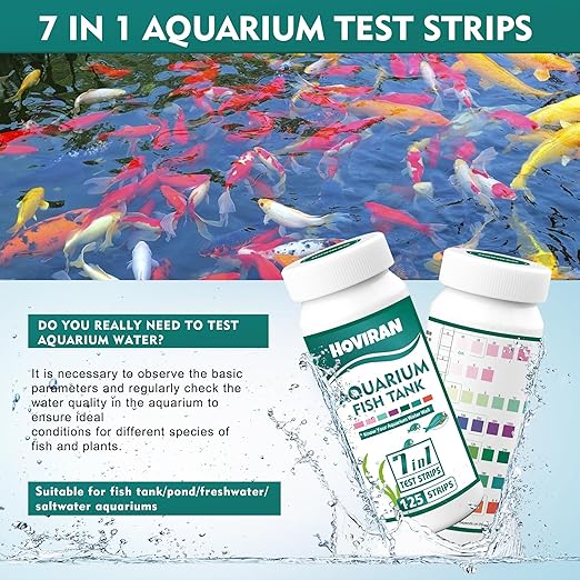 7 Way Aquarium Test Strips, 125 Count Fish Tank Test Strips for Freshwater Saltwater Pond, Water Testing Kit Aquarium for Chlorine, Total Hardness, Carbonate, Alkalinity, Nitrate, Nitrite and pH