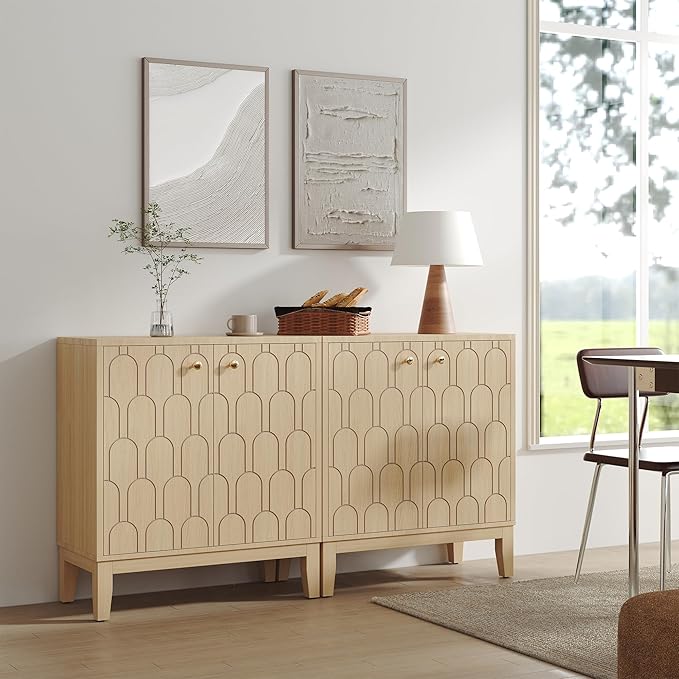 Farmhouse Storage Cabinet, Modern Buffet Sideboard with Doors, Fish Scale Pattern, Boho Cabinet for Dining Room, Natural, 2 Pieces