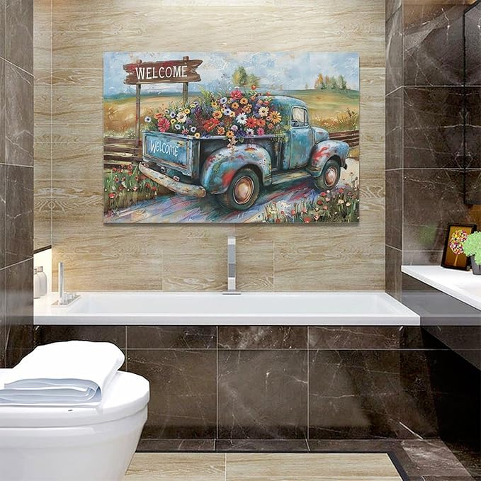 Farmhouse Truck Wall Art Rustic Country Wildflowers Wall Decor Road Flowers Landscape Pictures Canvas Print Painting Artwork for Bathroom Living Room Bedroom 16"x24"