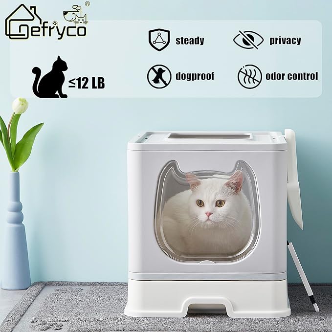 Gefryco Litter Box with Lid for Small to Medium Cats, Enclosed Cat Litter Box with Cover,High Sided Top Entry Cat Box with Brush and Scoop, Cute Kitty Litter Pan with Drawer for Growing Kittens(Grey)