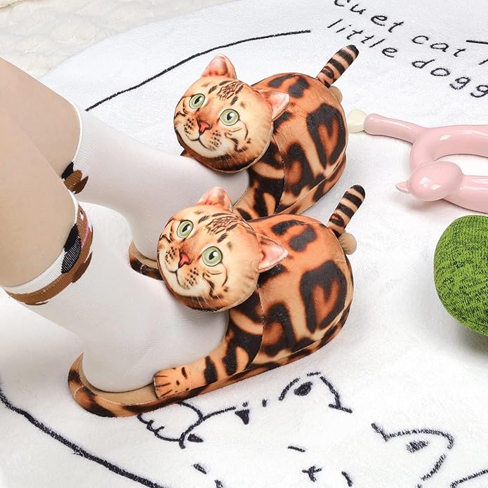 Funny Cat Slippers for Women,Fuzzy Animal Indoor House Shoes with Soft Memory Foam,Comfy Plush Warm Slip-on Slippers,Cat Gifts for Cat Lover