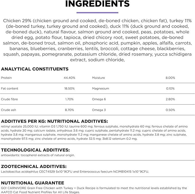 Go! Solutions Carnivore, Grain-Free, Protein Rich Dry Cat Food, Chicken, Turkey and Duck Recipe, 3 lb Bag