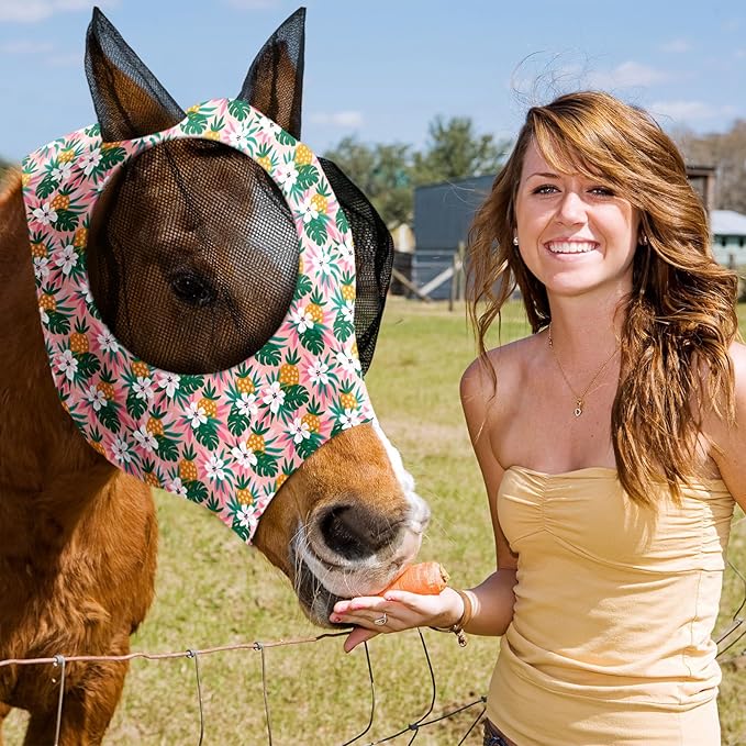 Frienda 4 Pieces Horse Fly Masks with Ears Face Covering UV Protection from Insect Pests Elasticity Smooth Comfortable Mesh Horse Mask Accessories(Fruit,Medium)