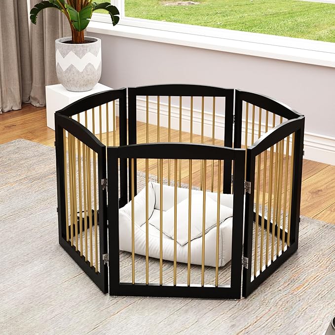 Freestanding Pet Gate for Dogs, Foldable Wooden Dog Gate for House, Extra Wide Indoor Pet Barrier for Stair, Doorway, Hall, Support Feet Included, 120 Inch Wide, 6 Panels 24",Black&Gold