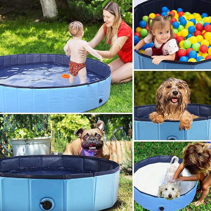 Foldable Dog Bath Swimming Pool Plastic Kiddie Pool Professional Tub Collapsible Grooming Bathtub for Pets Kids Baby and Toddler, 97 x 12 Inches Blue