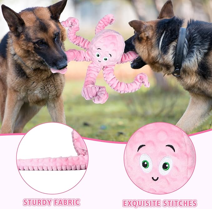 Dog Squeaky Toys Octopus - Tough Plush Large Medium & Small Dog Toys - Stuffed Animals Puppy Toys (Octopus Pink)